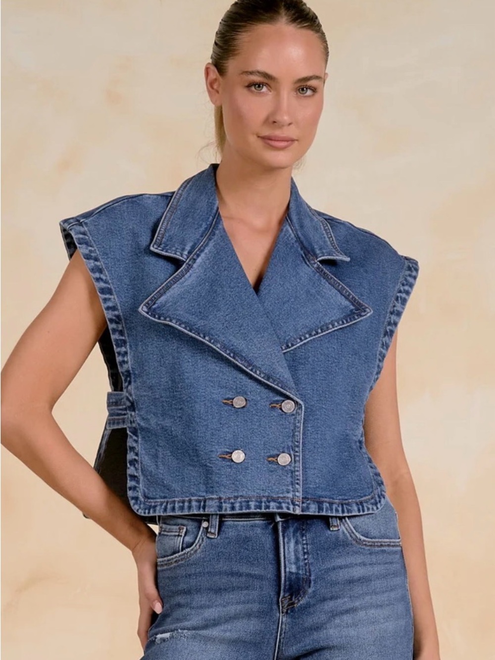 Elan Double-Breasted Cropped Denim Vest - Blue